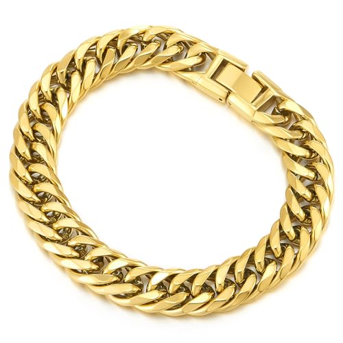Goldfarben Panzerkette Poliert, Hip Hop Armband, Kubanische Panzerkette Gliederkette, Punk Rock Herren Edelstahl Armreif von COOLSTEELANDBEYOND