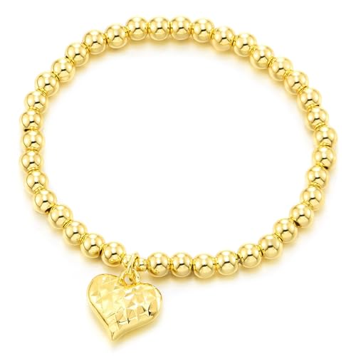 COOLSTEELANDBEYOND Goldfarbenes Stretch-Armband für Damen mit Herzanhänger Zart Kugelperlen Minimalistischer Liebesschmuck von COOLSTEELANDBEYOND