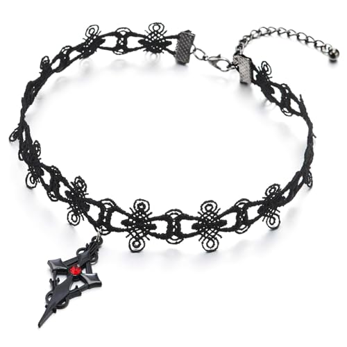 COOLSTEELANDBEYOND Gothic-Choker-Kette, Schwarzes Spitzenband mit Rotem Edelstein-Kreuzanhänger, Halskette, Punk-Lolita-Schmuck von COOLSTEELANDBEYOND