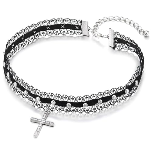 COOLSTEELANDBEYOND Gothic Spitzen-Choker-Halskette für Damen Schwarzes Band mit Strass-Kreuzanhänger und Perlendetails COOLSTEELANDBEYOND Gothic Spitzen-Choker-Halskette für Damen Schwarzes Band mit Strass-Kreuzanhänger und Perlendetails von COOLSTEELANDBEYOND