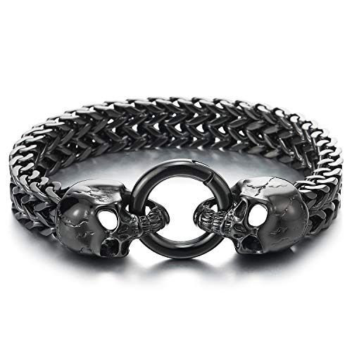 COOLSTEELANDBEYOND Gotik Biker Herren Schädel Franco Link Panzerkette Armband aus Schwarz Edelstahl mit Federringverschluss von COOLSTEELANDBEYOND