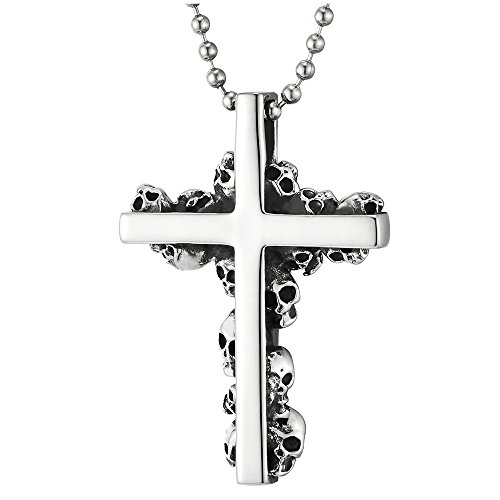 COOLSTEELANDBEYOND Gotik Schädel Kreuz Anhänger Halskette für Herren Edelstahl mit 60cm Kugelkette von COOLSTEELANDBEYOND