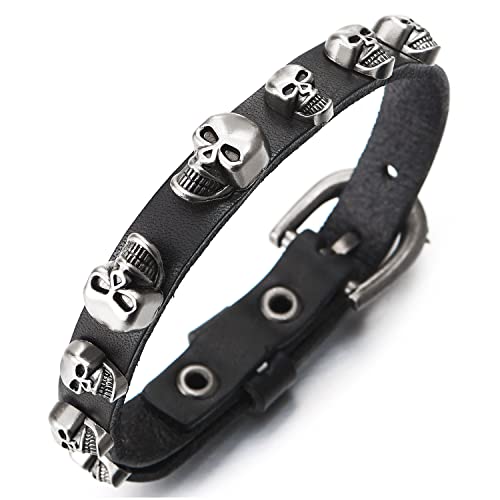 COOLSTEELANDBEYOND Gotik Schwarz Lederarmband Edelstahl Armband mit Vintage Schädel Charme, Herren Damen, Schließe von COOLSTEELANDBEYOND