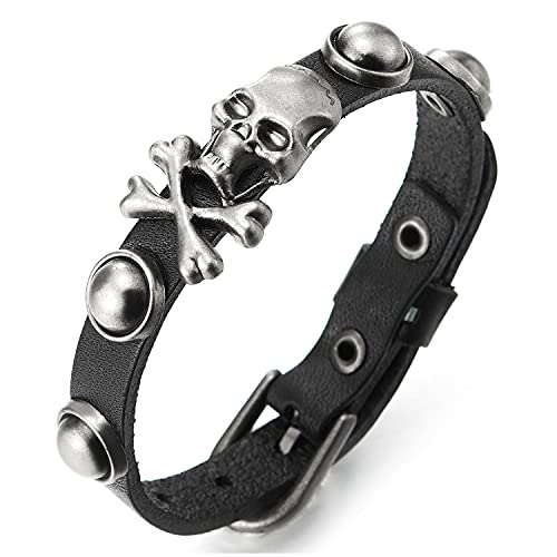 COOLSTEELANDBEYOND Gotik Vintage Gealtertes Silber Piraten Schädel Schwarz Lederarmband Edelstahl Armband Taste Charme, Herren Damen von COOLSTEELANDBEYOND