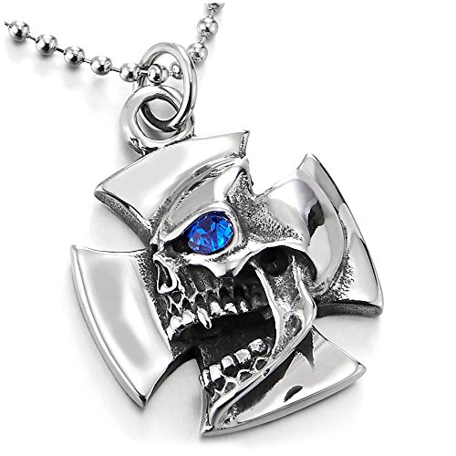 COOLSTEELANDBEYOND Gotische Biker Edelstahl Brüllend Schädel Kreuz Anhänger mit Blauen Zirkonia, Halskette für Herren Jungen, 75cm Kette von COOLSTEELANDBEYOND