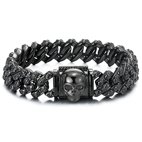 COOLSTEELANDBEYOND Gotischen Große Schwarz Herren-Armband aus Edelstahl Schädel Panzerkette mit Schädel Schließe von COOLSTEELANDBEYOND