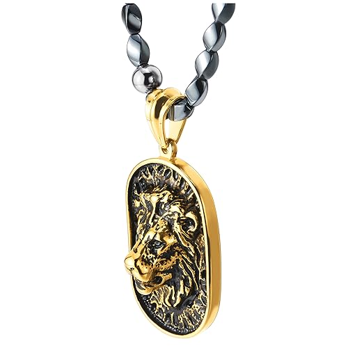 COOLSTEELANDBEYOND Gotischen Stil Herren Hematit Perlen Halskette mit Gold Schwarz Edelstahl Löwenkopf Schild Anhänger, 70CM Lang von COOLSTEELANDBEYOND