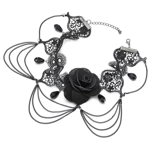 COOLSTEELANDBEYOND Gotischen Viktorianisch Nostalgisch Choker Halsketten Damen Schwarz Rose Blumen Spitze mit Kette und Wulst Charm von COOLSTEELANDBEYOND