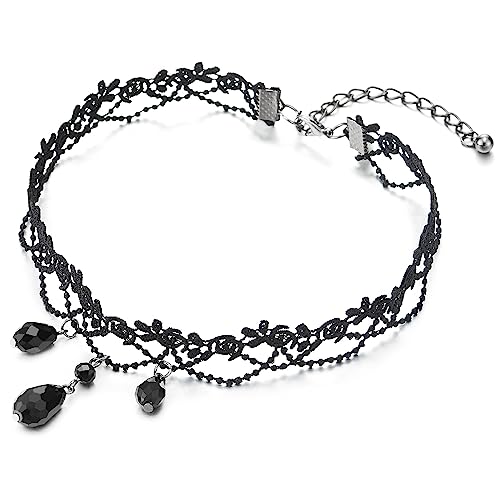 COOLSTEELANDBEYOND Gotischen Viktorianisch Nostalgisch Damen Schwarz Spitze Choker Halskette mit Schwarz Träne Wulst Charm Anhänger von COOLSTEELANDBEYOND