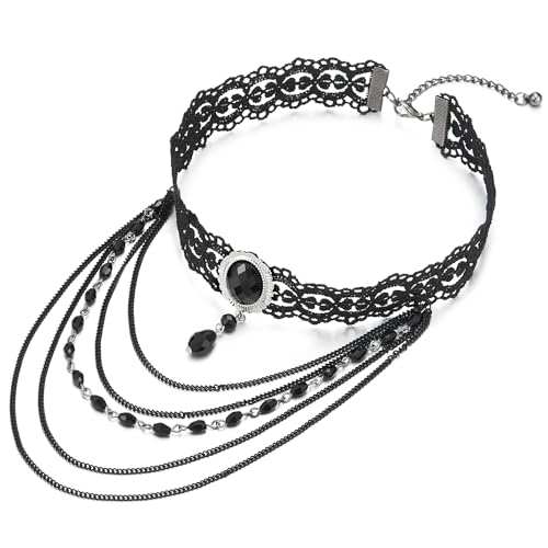 COOLSTEELANDBEYOND Gotischen Viktorianisch Nostalgisch Schwarz Spitze Choker Halskette mit Lange Baumelnde Träne Wulst und Kette von COOLSTEELANDBEYOND