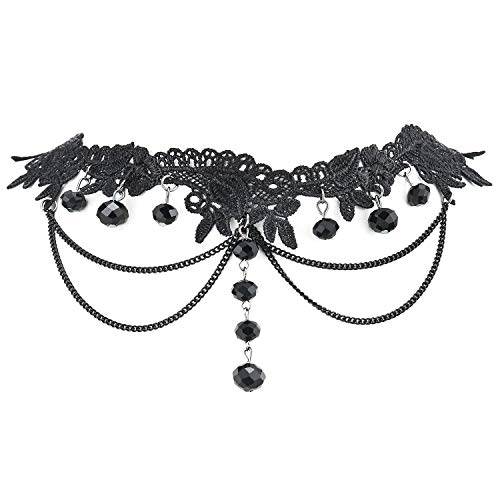 COOLSTEELANDBEYOND Gotischen Viktorianisch Schwarz Spitze Choker Halskette für Damen mit Lange Baumelnde Schwarz Kette und Wulst Anhänger von COOLSTEELANDBEYOND