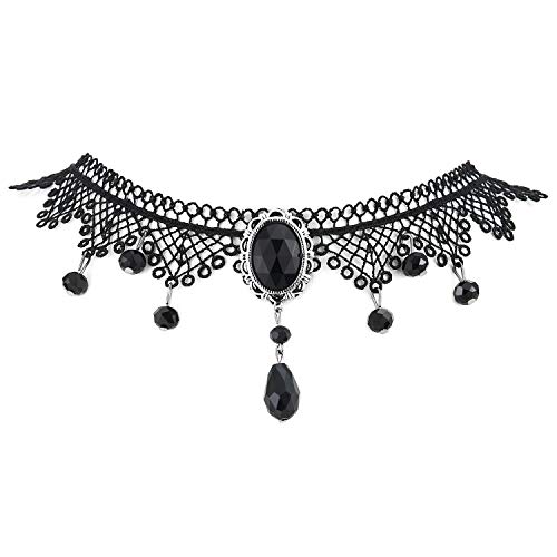 COOLSTEELANDBEYOND Gotischen Viktorianisch Schwarz Spitze Choker Halsketten Damen, Baumelnde Schwarz Ovalen Wulst Charm Anhänger von COOLSTEELANDBEYOND