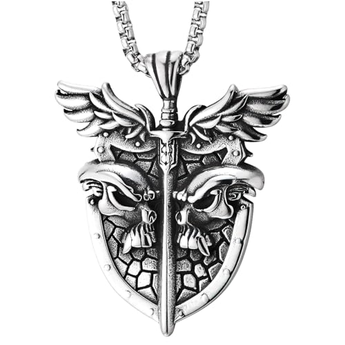 Gotisches Schwert und Schild Halskette für Herren, Edelstahl Anhänger mit Geflügeltem Totenkopf, Mittelalterlicher Punk von COOLSTEELANDBEYOND