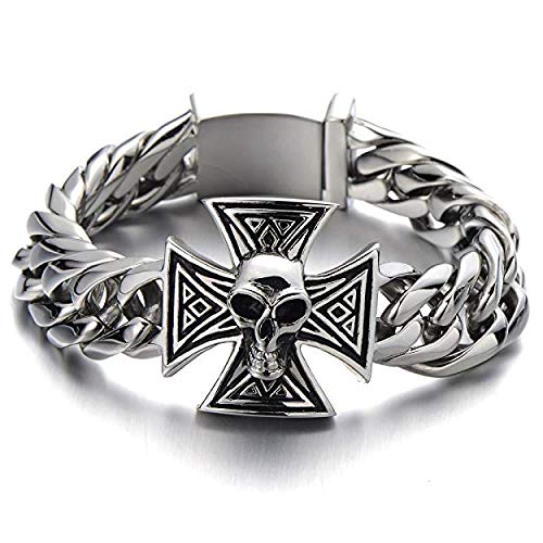 COOLSTEELANDBEYOND Grand Bracelet Homme Crâne d'acier inoxydable, Tête de mort - Chaîne Gourmette - Biker Croix - Couleur Argent - Poli Mirro von COOLSTEELANDBEYOND