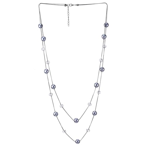 COOLSTEELANDBEYOND Grau Schwarz Statement Halskette Zwei Strang Lange Kette Grau Blau Kristall Perlen Charme Anhänger, Modisch, Abendkleid von COOLSTEELANDBEYOND