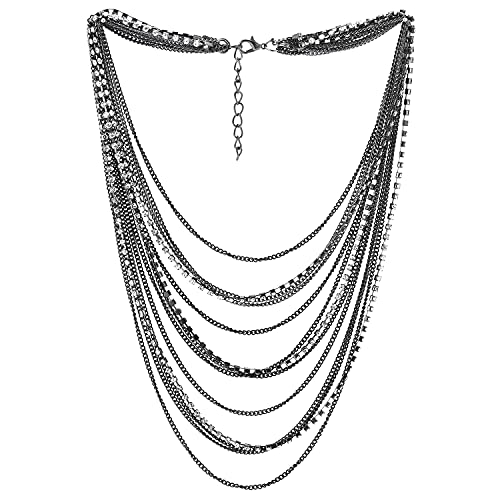 COOLSTEELANDBEYOND Grau Schwarz Wasserfall Multi-Schichten Kette Statement Halskette Kragen Halsband Anhänger mit Strass Kette Abendkleid von COOLSTEELANDBEYOND