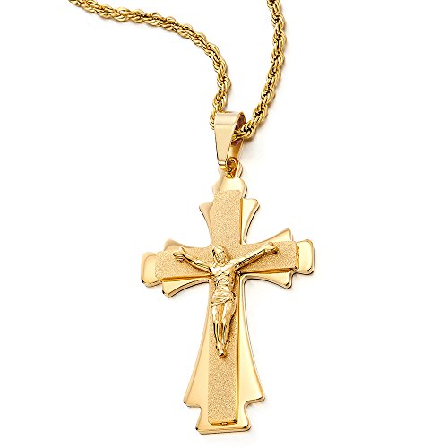 COOLSTEELANDBEYOND Große Dreischichtige Gold Farbe Jesus Christus Kruzifix-Keuz-Anhänger Herren Edelstahl Halskette mit 75cm Stahl Kette von COOLSTEELANDBEYOND