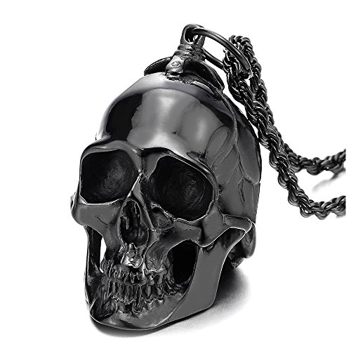 COOLSTEELANDBEYOND Große Edelstahl Schwarz Schädel-Anhänger Halskette für Herren mit 75cm Stahl Weizen-Kette von COOLSTEELANDBEYOND