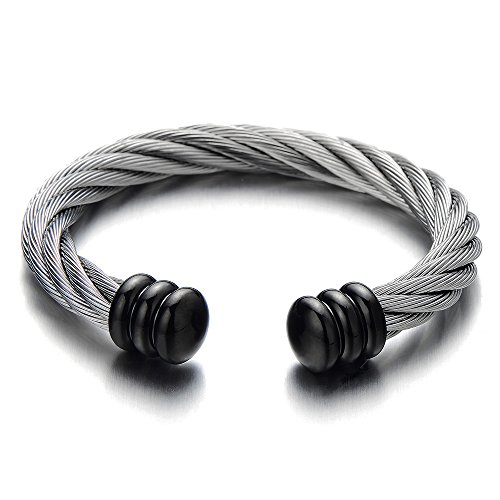 COOLSTEELANDBEYOND Große Elastische Verstellbare-Edelstahl Herren Damen Armband Verdrehten Stahlkabel Armreif, Silber Schwarz Zweifarbig von COOLSTEELANDBEYOND