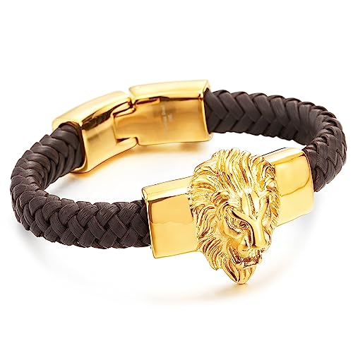 COOLSTEELANDBEYOND Große Geflochtenes Leder Armband für Herren mit Edelstahl Goldfarben Löwe und Braun Echtes Leder Armband von COOLSTEELANDBEYOND