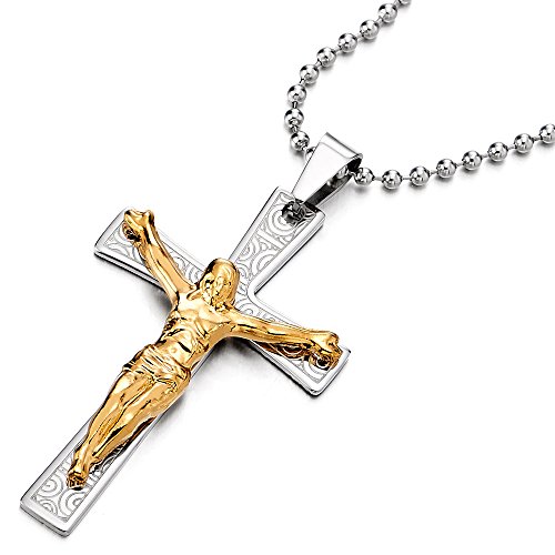 COOLSTEELANDBEYOND Große Jesus Christus Kruzifix-Keuz-Anhänger Edelstahl Halskette für Herren Gold Silber mit 75CM Stahl Kugelkette von COOLSTEELANDBEYOND