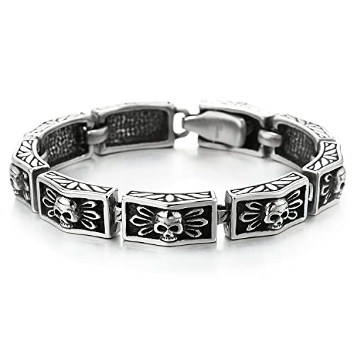 COOLSTEELANDBEYOND Große Schwere Flügel Schädel Gliederkette Armband für Herren Edelstahl-Armband Silber Schwarz Poliert Biker Gotischen von COOLSTEELANDBEYOND