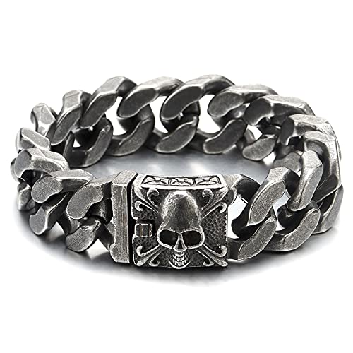 COOLSTEELANDBEYOND Großes Edelstahl Panzerkette Armband Herren mit Fleur de Lis und Schädel, Biker Gotik, Rauhe Oberfläche von COOLSTEELANDBEYOND