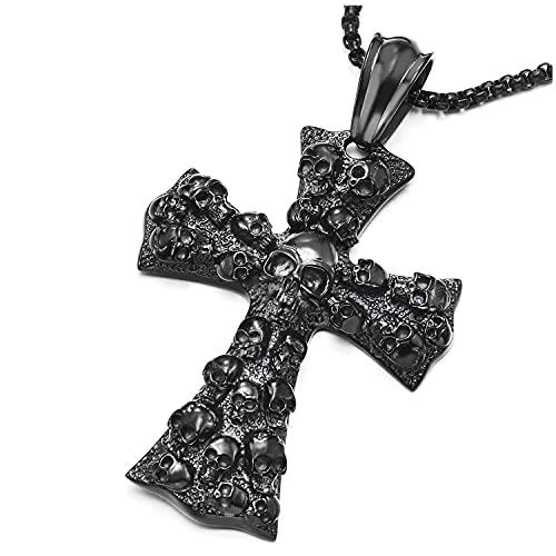 COOLSTEELANDBEYOND Großes Gotik Schwarz Schädel Kreuz Anhänger Halskette für Herren Edelstahl mit 75cm Weizen-Kette von COOLSTEELANDBEYOND