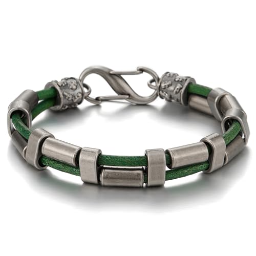 COOLSTEELANDBEYOND Grün Leder Schnur Armband mit Antiquität Metall Rohr Charme, Herren Damen Schweißband, Mode Zubehör von COOLSTEELANDBEYOND