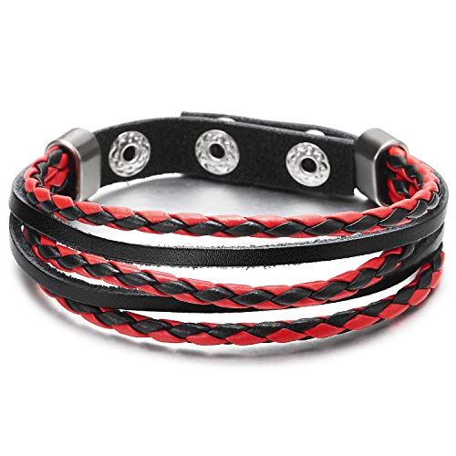COOLSTEELANDBEYOND Handarbeit Herren Damen Multi-Strang Schwarz Rot Geflochtene Lederarmband Leder Armreif mit Snap Taste COOLSTEELANDBEYOND Handarbeit Herren Damen Multi-Strang Schwarz Rot Geflochtene Lederarmband Leder Armreif mit Snap Taste von COOLSTEELANDBEYOND