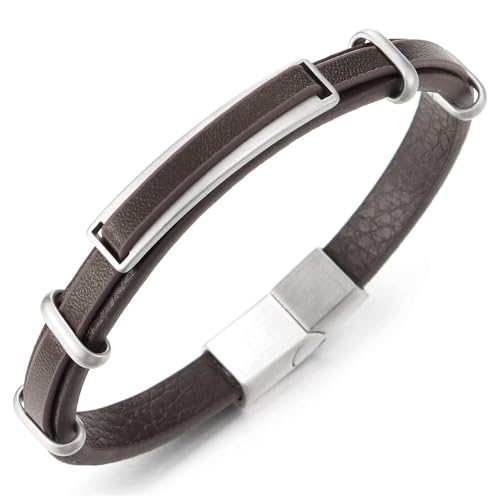 COOLSTEELANDBEYOND Herren Armband Braun Leder mit matter Stahlstange und sicherem Verschluss Modern Lässig von COOLSTEELANDBEYOND