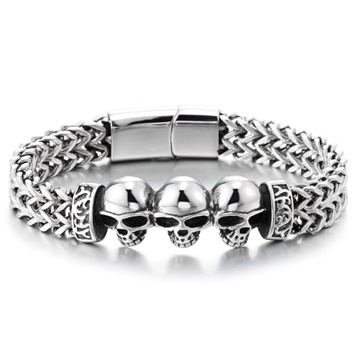 COOLSTEELANDBEYOND Herren Armband Edelstahl Franco-Kette mit polierten 3D-Totenköpfen Gothic Punk Biker Schmuck von COOLSTEELANDBEYOND