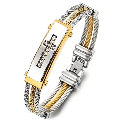 COOLSTEELANDBEYOND Herren Armband Edelstahl Zirkonia Kreuz ID Identifizierung DREI Reihen Verdrehten Stahlkabel Armband Silber Gold von COOLSTEELANDBEYOND