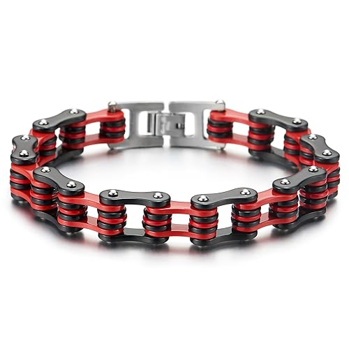 COOLSTEELANDBEYOND Herren-Armband Fahrradkette Motorradkette aus Edelstahl, Schwarz Rot, Hochglanz Poliert von COOLSTEELANDBEYOND