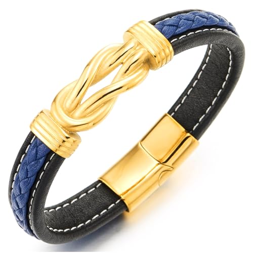 COOLSTEELANDBEYOND Herren Armband Leder mit goldfarbener Edelstahlschließe Maritimes Knoten-Design Blau-Schwarz von COOLSTEELANDBEYOND
