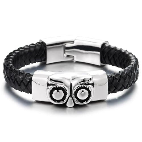 COOLSTEELANDBEYOND Herren Armband Schwarz Geflochtenes Leder mit Eulenkopf-Mittelstück aus Edelstahl Gothic Punk Stil von COOLSTEELANDBEYOND