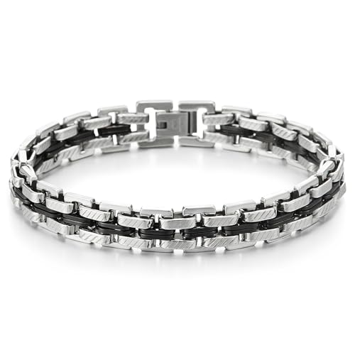 COOLSTEELANDBEYOND Herren Armband aus Edelstahl Silber Schwarz Zwei Töne Strukturierte Geflochtene Gliederkette von COOLSTEELANDBEYOND