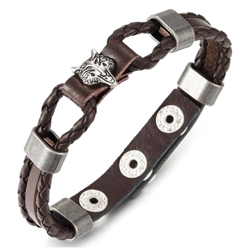 COOLSTEELANDBEYOND Herren Braun Leder Armband mit Fenrir Wolf Charme, Nordisch Wikinger Amulett, Geflochtenes Leder Knoten Armreif von COOLSTEELANDBEYOND