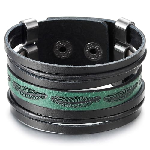COOLSTEELANDBEYOND Herren Breiten Leder Manschetten Armband, Schwarz Grün Multi-Strang Leder Armband Schweißband Feder Eingraviert von COOLSTEELANDBEYOND
