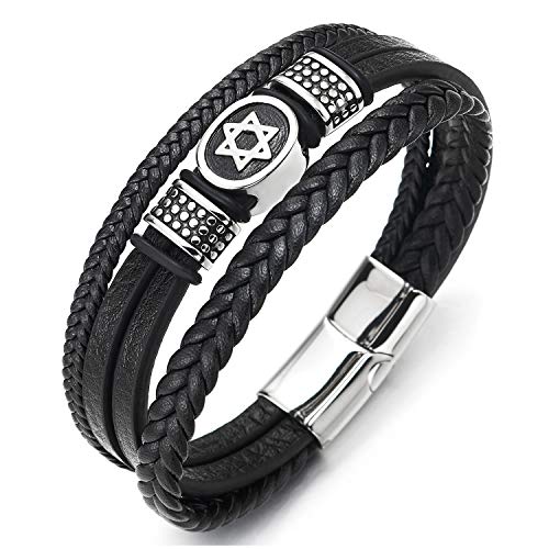 COOLSTEELANDBEYOND Herren DREI Stränge Schwarz Geflochtene Lederarmband Armband mit Edelstahl Davidstern Ovalen und Punktiert Wulst Charme von COOLSTEELANDBEYOND