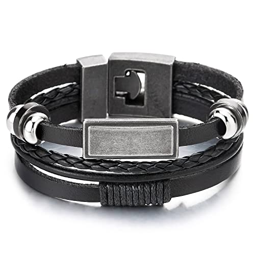 COOLSTEELANDBEYOND Herren Damen Armband, Multi-Strang Schwarz Geflochtenes Leder Armband Rechteck ID Wulst Charme von COOLSTEELANDBEYOND