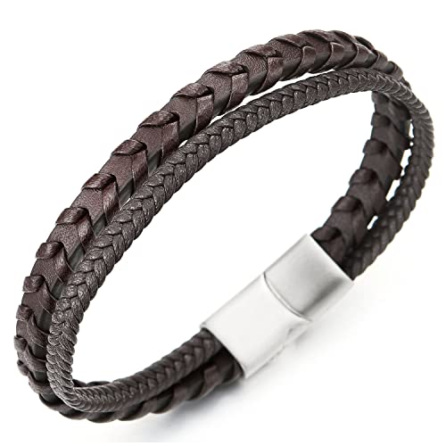 COOLSTEELANDBEYOND Herren Damen Braun Doppel-Lap Leder Armband, Geflochtenem Leder Schweißband von COOLSTEELANDBEYOND