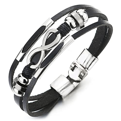 COOLSTEELANDBEYOND Herren Damen DREI Reihen Unendlich Liebe Number 8 Freundschaftsbänder Schwarz Lederarmband Wulst Tunnel Charme von COOLSTEELANDBEYOND