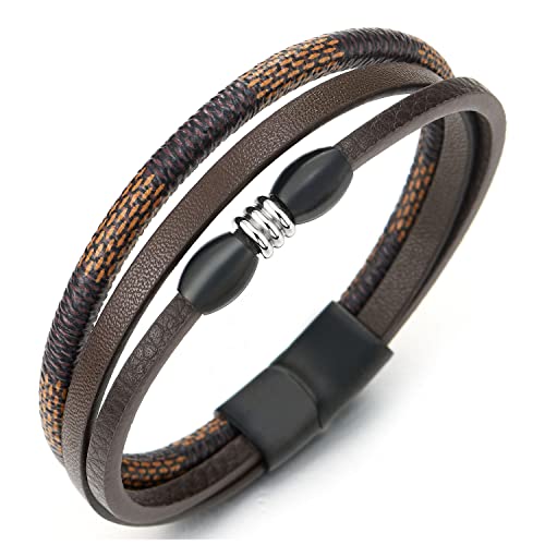 COOLSTEELANDBEYOND Herren Damen DREI Stränge Braun Geflochtene Leder Armband Schweißband mit Schwarz Edelstahl Charme und Magnetverschluss von COOLSTEELANDBEYOND