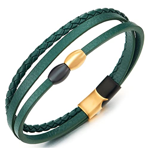 COOLSTEELANDBEYOND Herren Damen DREI Stränge Grün Geflochtene Leder Armreif mit Gold Schwarz Edelstahl Wulst Charme, Magnetverschluss von COOLSTEELANDBEYOND