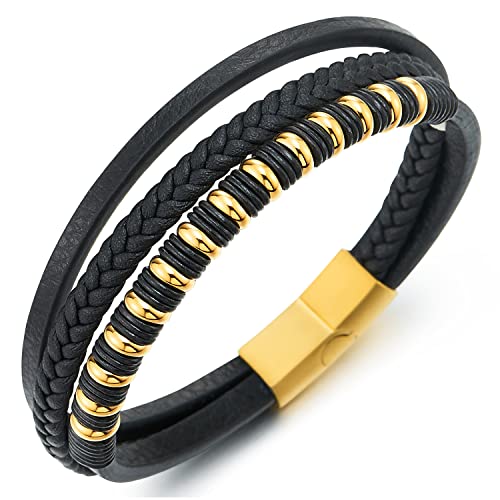 COOLSTEELANDBEYOND Herren Damen DREI Stränge Schwarz Geflochtene Lederarmband Armband Edelstahl Goldfarben Wulst Gummi Ring Charme von COOLSTEELANDBEYOND