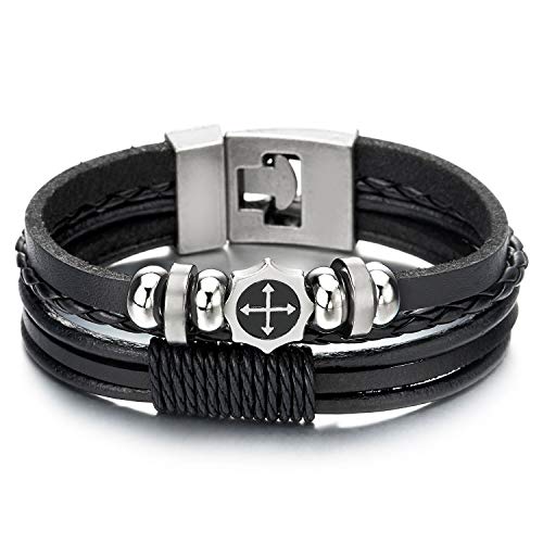 COOLSTEELANDBEYOND Herren Damen DREI Stränge Schwarz Geflochtene Lederarmband Armband mit Kreuz Achteck Wulst Charme Baumwolle Seil Schnur von COOLSTEELANDBEYOND