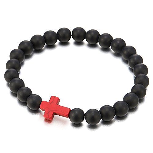 COOLSTEELANDBEYOND Herren Damen Dehnbare Matt Schwarz Onyx Perlen Armband mit Charm Rot Kreuz von COOLSTEELANDBEYOND