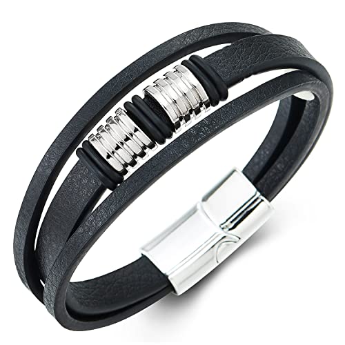 COOLSTEELANDBEYOND Herren Damen Drei Stränge Leder-Armband Schwarz Echtes Leder Armreif mit Rillen Metall Charme, Magnetverschluss von COOLSTEELANDBEYOND