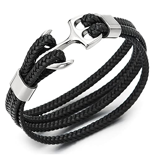 Herren Damen Edelstahl Anker Armband Herren Armband Lederarmband Multi-Strang Schwarz Geflochtene Leder Armreif von COOLSTEELANDBEYOND